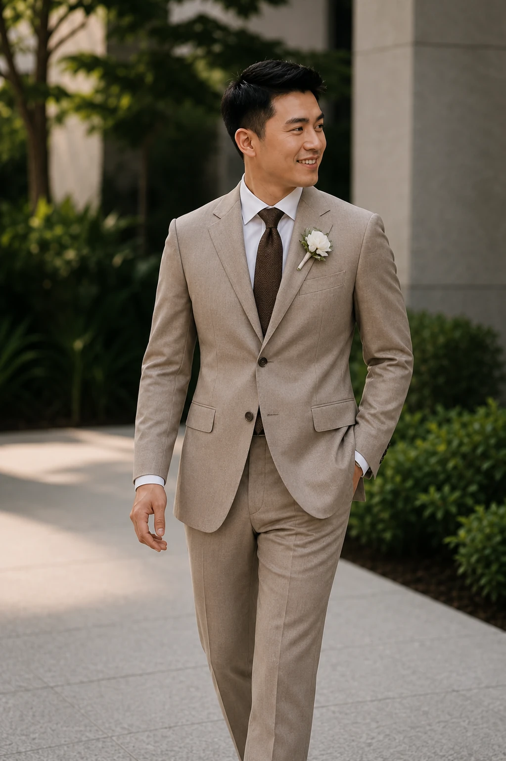 Groom in a taupe wedding suit